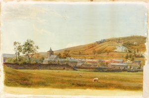 Landskap med kirke- og saueblyant og akvarell på papir limt på kort